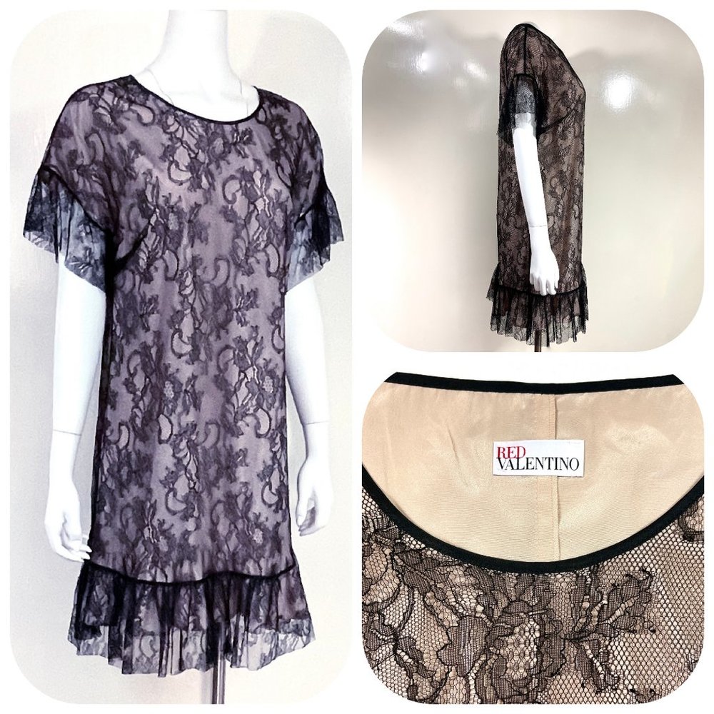 Auc Red Valentino Black Lace ruffled sleeves shift dress